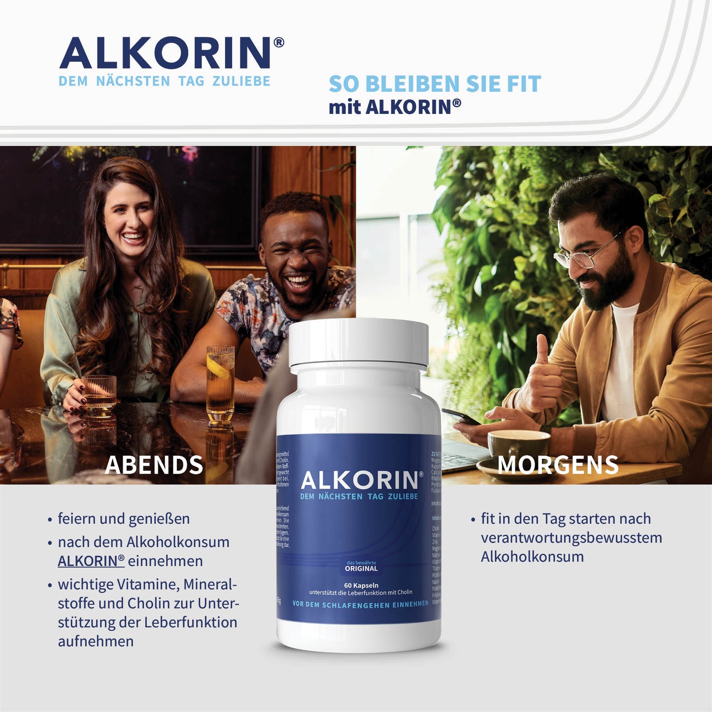 ALKORIN® 60 Kapseln für 20 Anwendungen. Dem nächsten Tag zuliebe! Unterstützt die Leberfunktion mit Cholin. Basenpulver mit Elektrolyten, Magnesium, Zink, Folsäure und B-Vitaminen