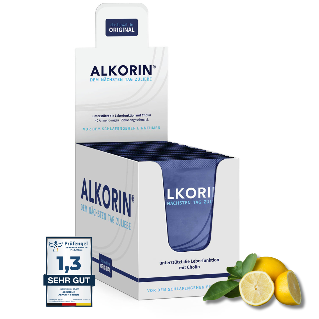 ALKORIN® 40 Sachets - Das bewährte Original. Dem nächsten Tag zuliebe. Unterstützt die Leberfunktion mit Cholin.