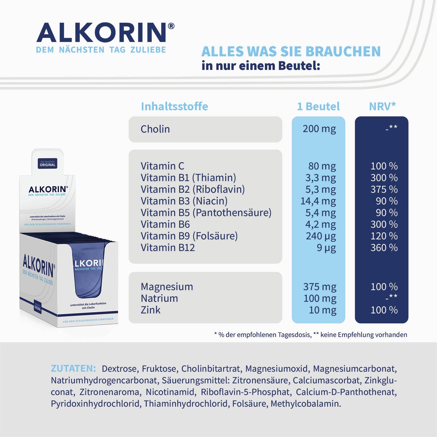 ALKORIN® 40 Sachets - Das bewährte Original. Dem nächsten Tag zuliebe. Unterstützt die Leberfunktion mit Cholin.