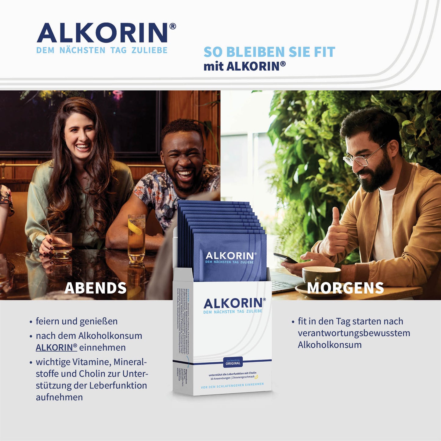 ALKORIN® 10 Sachets - Das bewährte Original. Dem nächsten Tag zuliebe. Unterstützt die Leberfunktion mit Cholin.