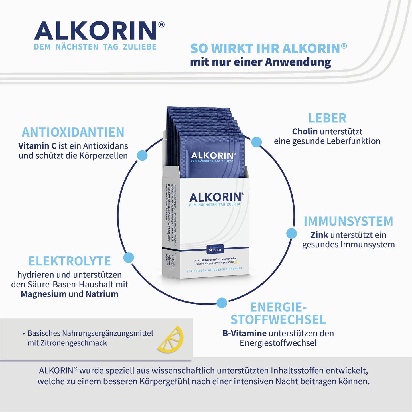 ALKORIN® 10 Sachets - Das bewährte Original. Dem nächsten Tag zuliebe. Unterstützt die Leberfunktion mit Cholin.