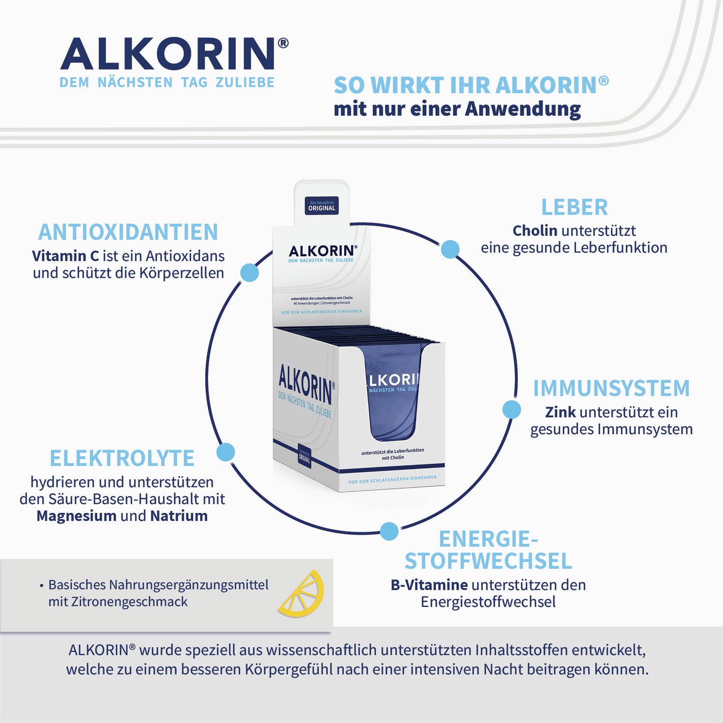 ALKORIN® 40 Sachets - Das bewährte Original. Dem nächsten Tag zuliebe. Unterstützt die Leberfunktion mit Cholin.