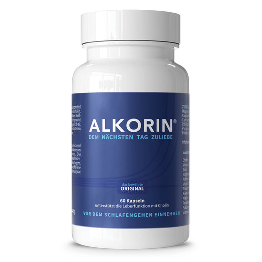 ALKORIN® 60 Kapseln für 20 Anwendungen. Dem nächsten Tag zuliebe! Unterstützt die Leberfunktion mit Cholin. Basenpulver mit Elektrolyten, Magnesium, Zink, Folsäure und B-Vitaminen