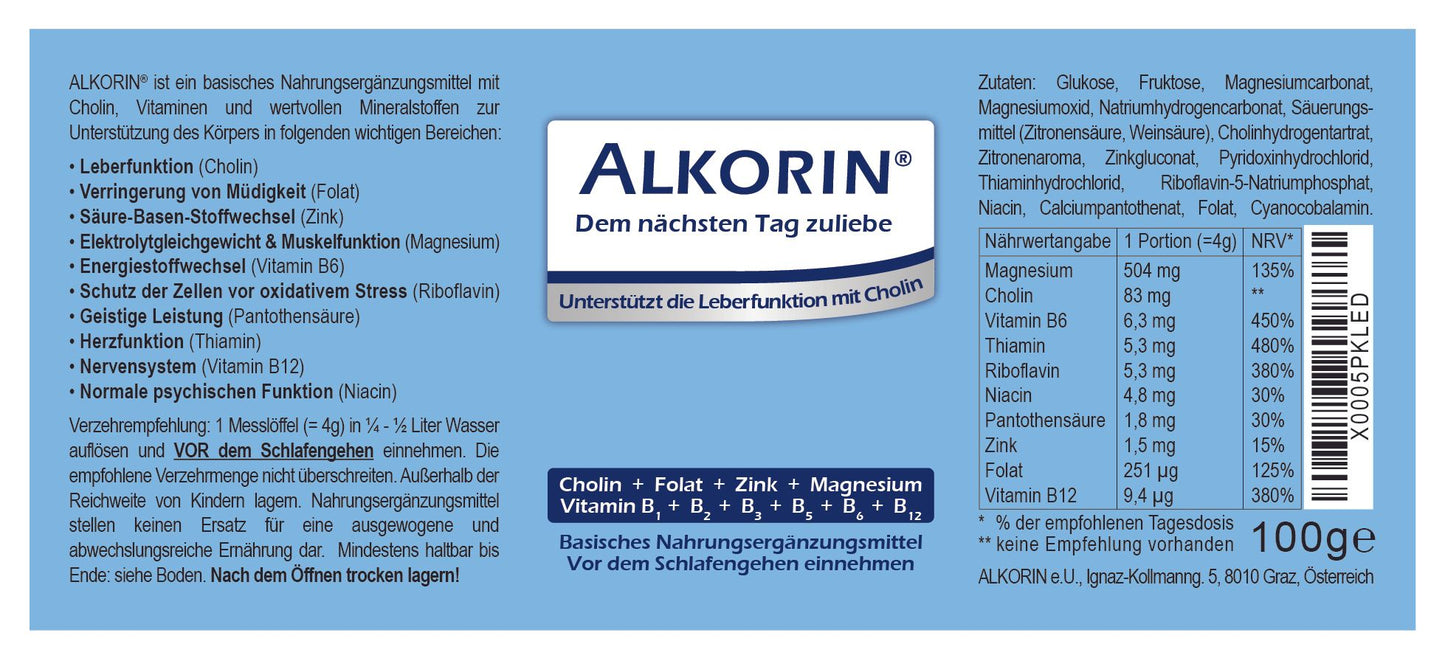 ALKORIN® 100g Dose - Das bewährte Original. Dem nächsten Tag zuliebe. Unterstützt die Leberfunktion mit Cholin.